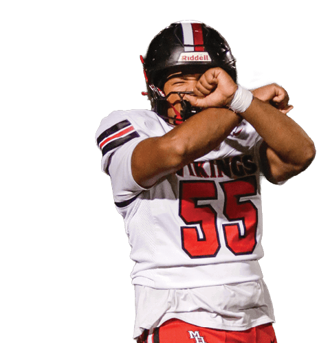 A football player wearing a helmet and a white jersey with the word Vikings on it. Description generated by AI