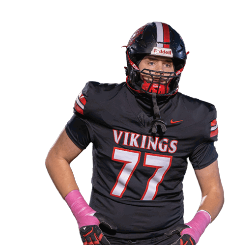 A football player wearing a helmet and a white jersey with the word Vikings on it. Description generated by AI