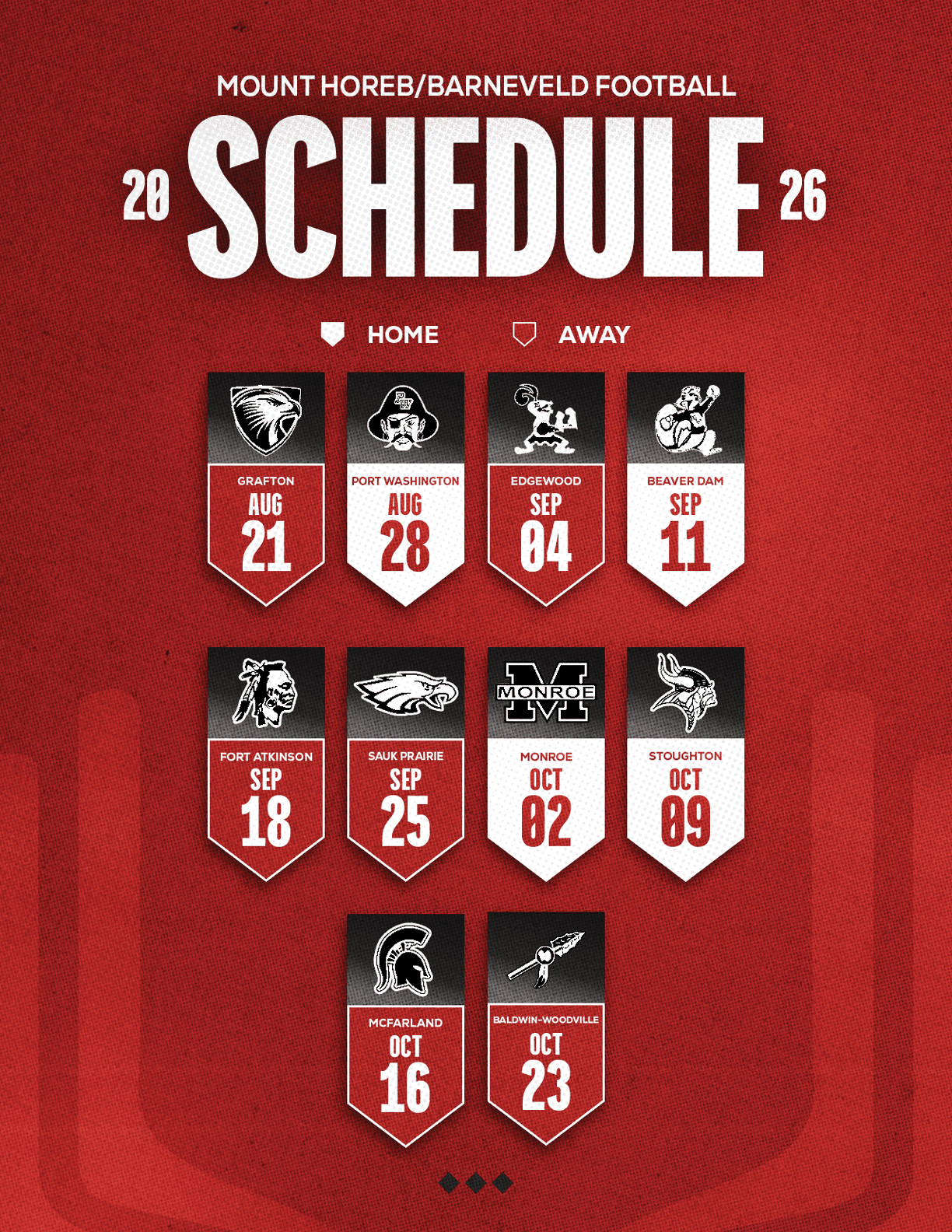 A red and white schedule for the Mount Horreb Football team. Description generated by AI
