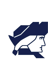 A stylized navy blue profile of a person wearing a tricorne hat with a tied ribbon at the back. Description generated by AI