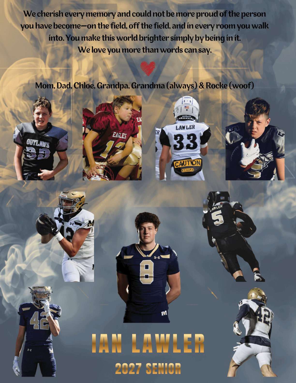 A collage of a senior athlete named Ian Lawler in various football uniforms and poses with a heartfelt message expressing pride and love from family members. Description generated by AI
