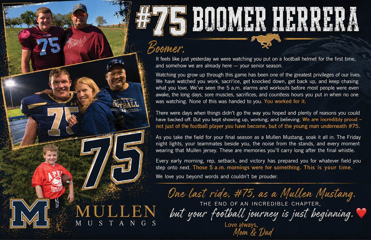 A tribute collage featuring a person in a football uniform with the number 75, family members, and heartfelt text celebrating their dedication, hard work, and journey as a Mullen Mustang football player. Description generated by AI