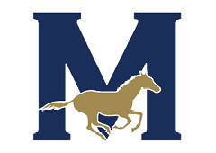 A large navy blue letter M with a gold horse running across its lower half. Description generated by AI