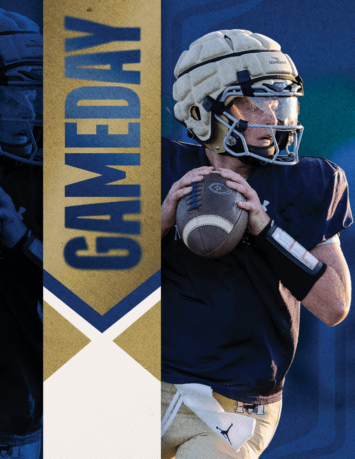 A person wearing a football helmet and uniform is holding a football in a ready-to-throw position with the word “GAMEDAY" displayed vertically on a gold and blue banner beside them. Description generated by AI