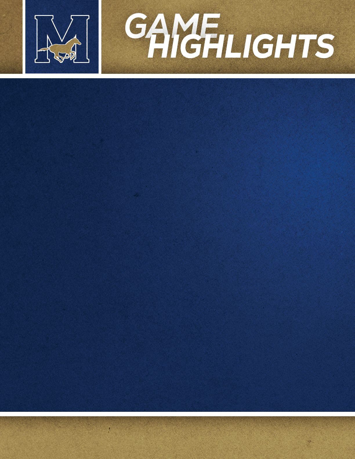 A graphic with a blue and gold background featuring a large letter M with a cougar logo and the text “GAME HIGHLIGHTS" in bold white letters. Description generated by AI