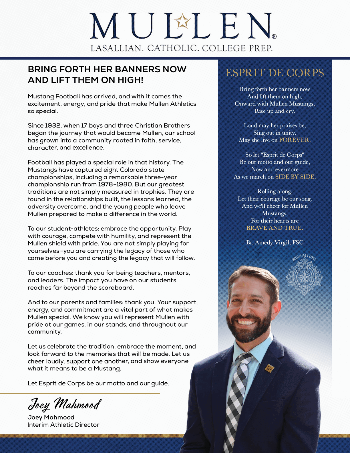 A school newsletter from Mullen Lasallian Catholic College Prep features a message about bringing back football banters, a motivational poem titled Esprit de Corps, and a smiling adult with short hair and a beard wearing a suit and tie. Description generated by AI