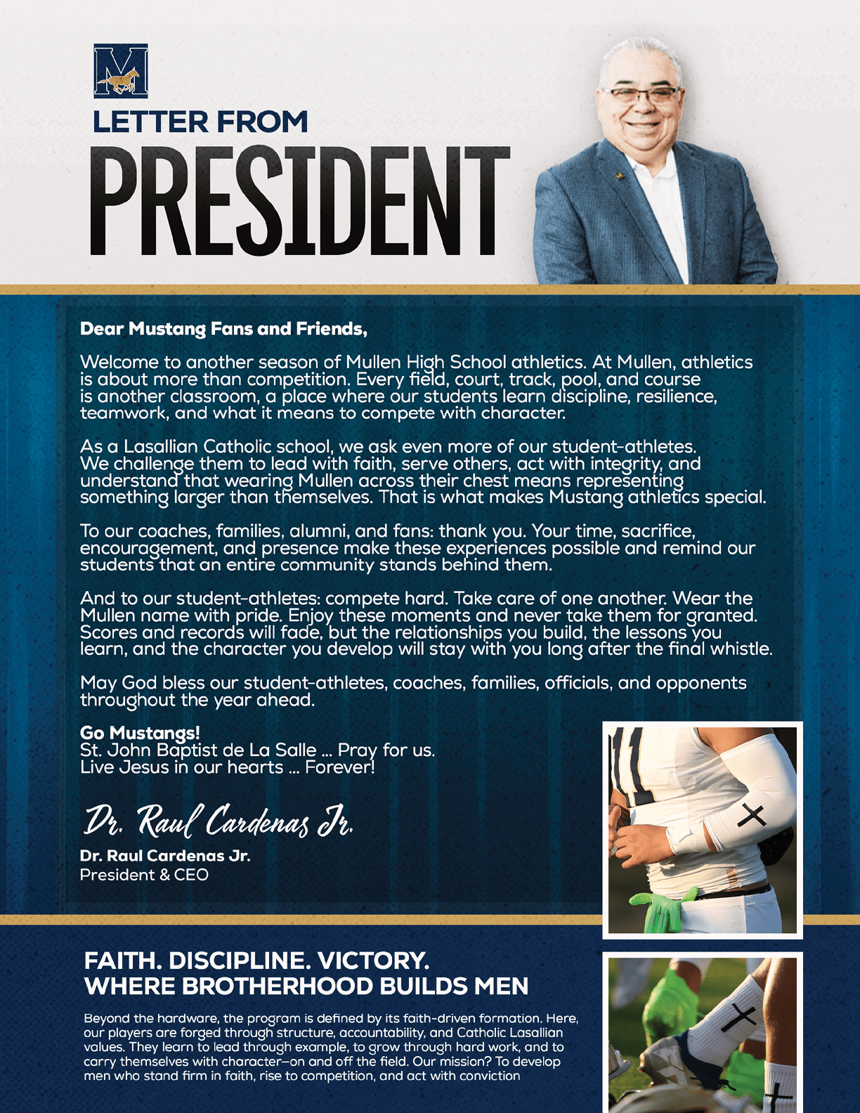Senior person in a suit smiling next to a letter from the president addressing Mustang fans and friends with a message about school athletics, discipline, and victory, accompanied by a small photo of a person tying a sneaker. Description generated by AI