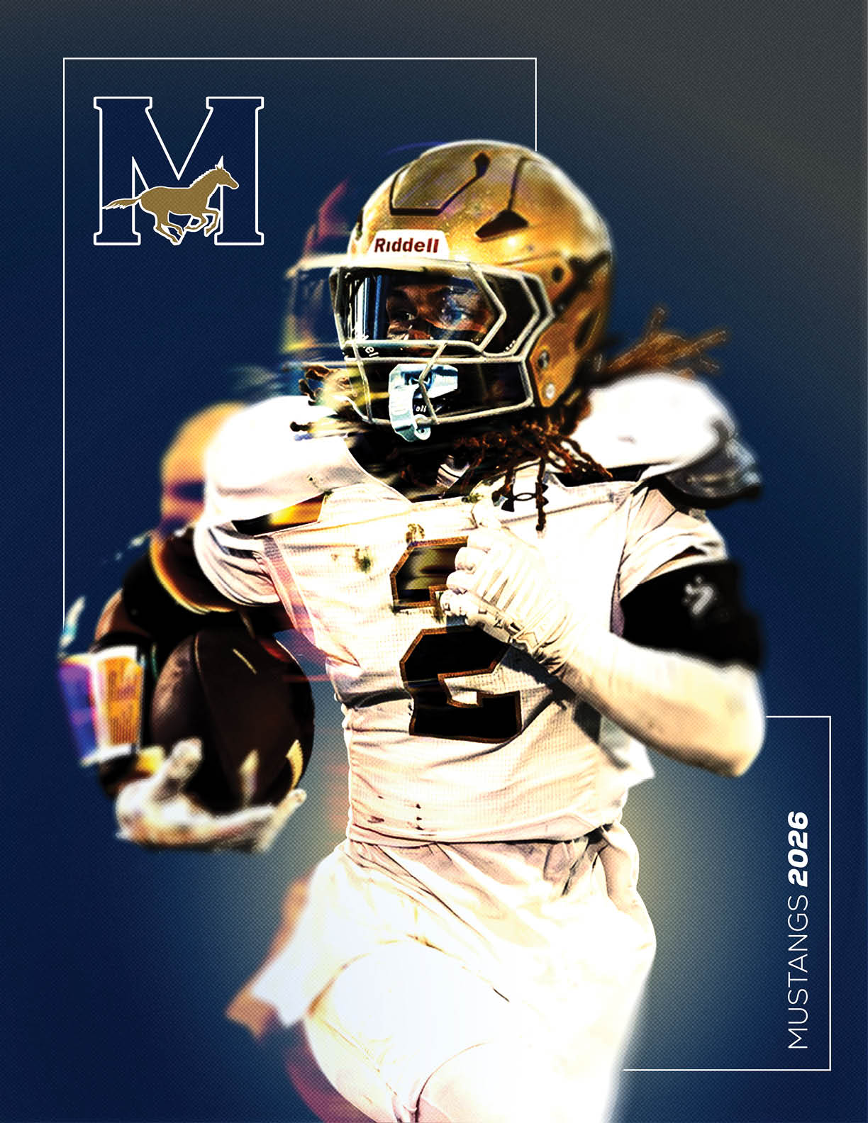 A person wearing a gold football helmet and white uniform with the number 2 is running with a football, with a stylized letter M and a mustang logo in the background and the text Mustangs 2026. Description generated by AI