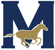 A large navy blue letter M with a gold silhouette of a running horse overlaying the bottom half. Description generated by AI