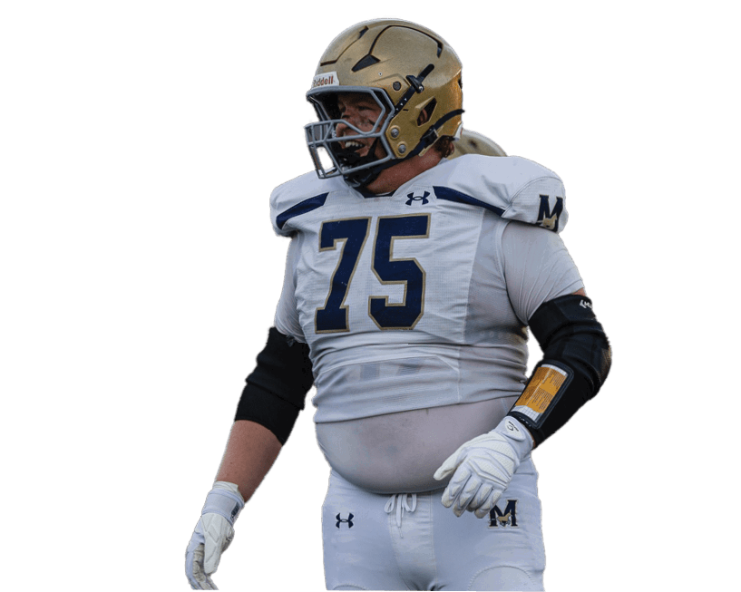 A person wearing a white football uniform with the number 75 and a gold helmet is standing on a white background. Description generated by AI