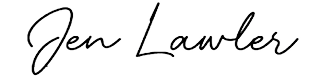 The image shows the name “Jen Lawler" written in a flowing, cursive script style. Description generated by AI