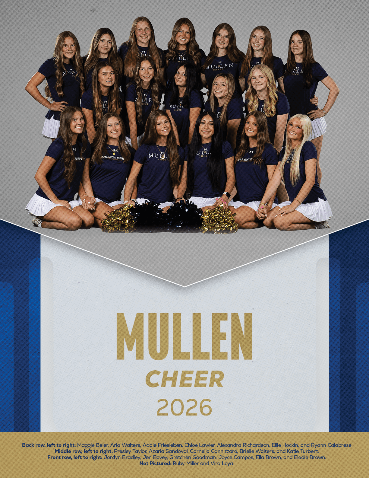 A group of people wearing matching navy blue shirts and white skirts pose together in a cheerleading team photo with pom-poms in front and the text MULLEN CHEER 2026 below them. Description generated by AI