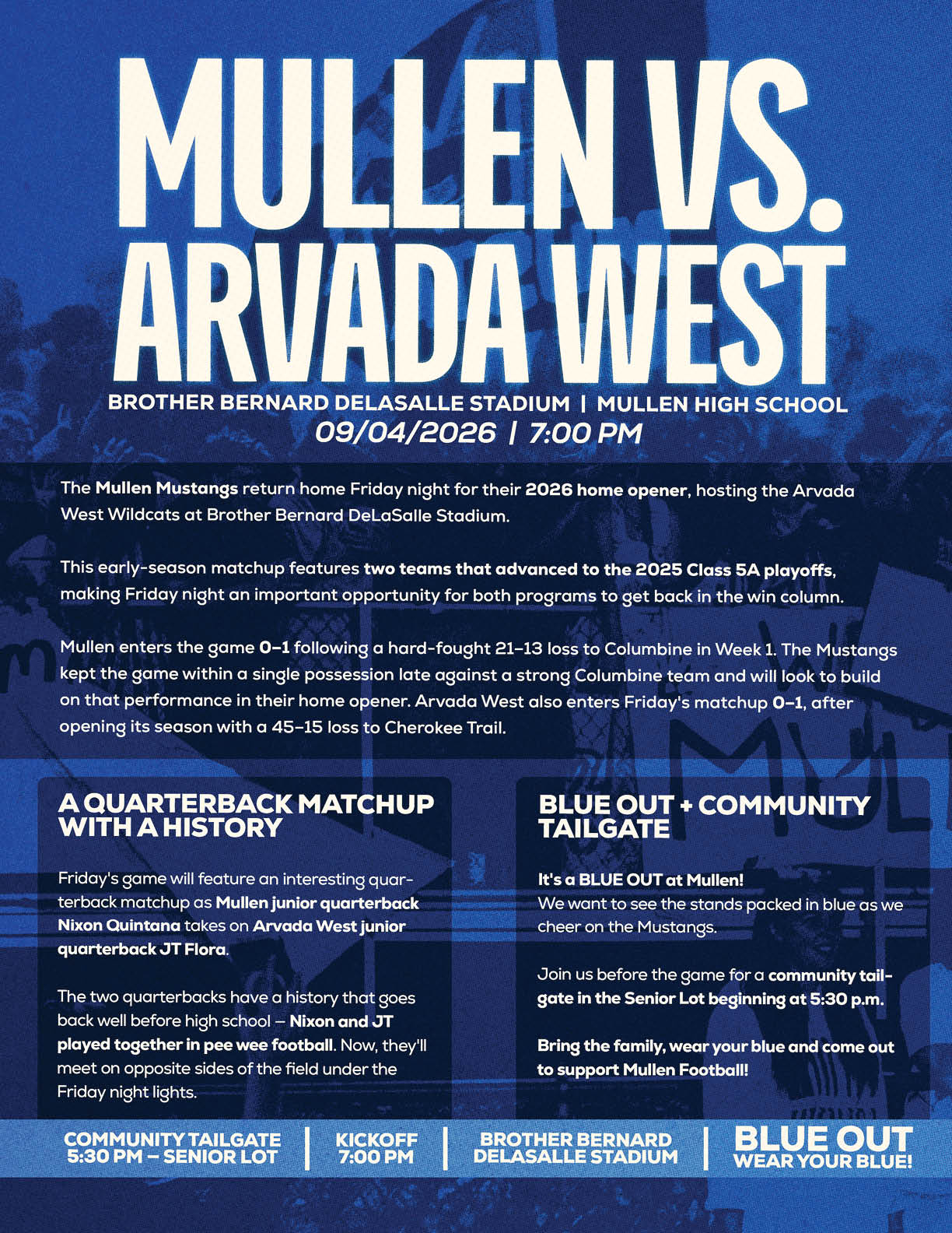 Bold white text on a blue background announces a high school football game between Mullen and Arvada West at Brother Bernard DeLaSalle Stadium on September 4, 2026, with additional details about the teams, quarterback matchup, community tailgate, and encouragement to wear blue. Description generated by AI