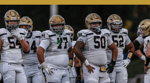 A group of people wearing white football uniforms and gold helmets stand together on a field. Description generated by AI