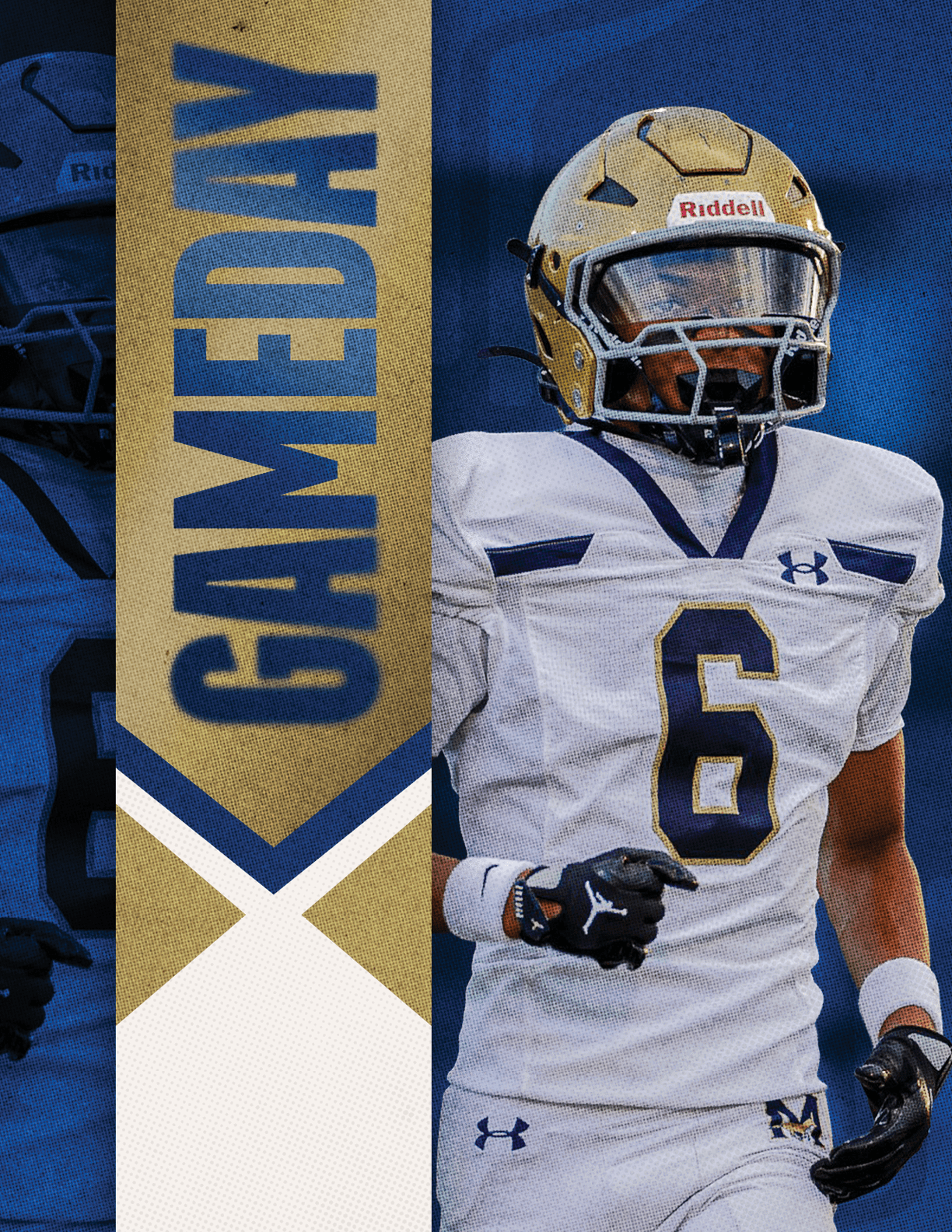 A person wearing a white football uniform with the number six and a gold helmet stands next to a vertical banner that says GAMEDAY. Description generated by AI