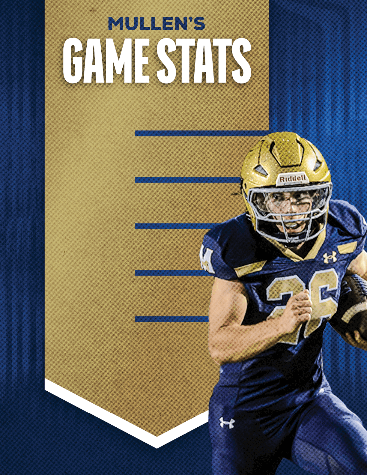 A person in a blue and gold football uniform and helmet is running with a football next to a gold banner with the text “Mullen's Game Stats" on a blue textured background. Description generated by AI