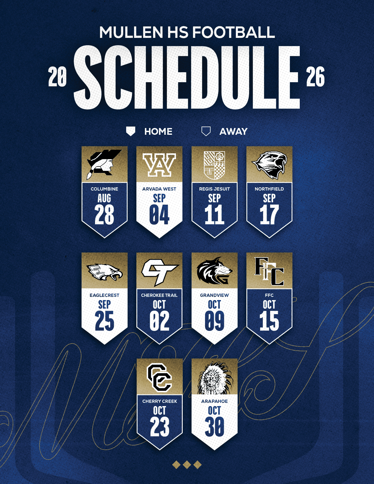 Mullen High School football schedule for 2026 displays home and away games with team logos and dates in a bold, modern design on a dark blue background. Description generated by AI