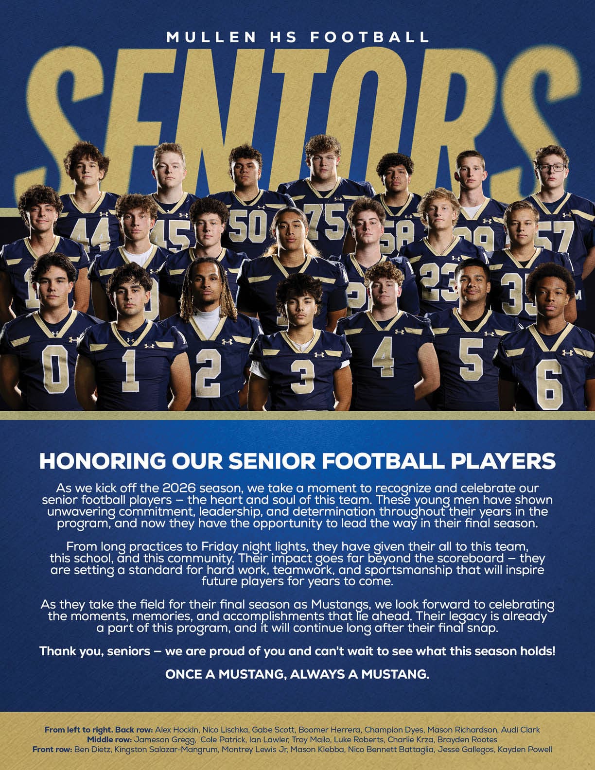 A group of high school football players in navy and gold uniforms pose together in front of a blue and gold background with text honoring their senior season and achievements. Description generated by AI