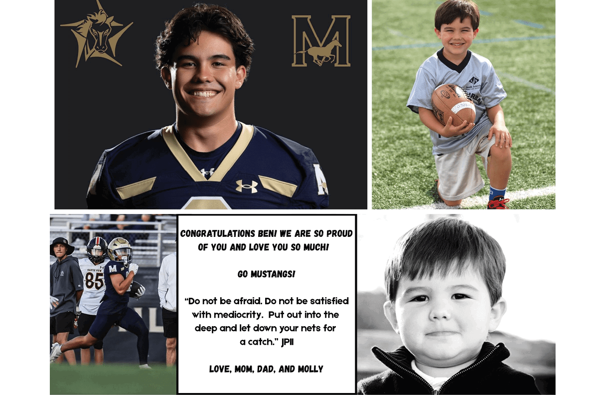 A collage shows a smiling adult in a football uniform, a child kneeling on a field holding a football, a football game in action, a close-up of a smiling child, and a congratulatory message for Beni with motivational text. Description generated by AI