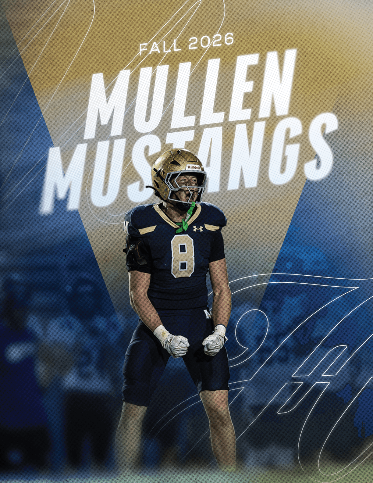 An adult in a football uniform with the number eight stands in a celebratory pose in front of a graphic background that reads “Fall 2026 Mullen Mustangs." Description generated by AI