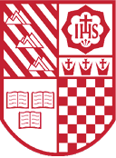 A red and white graphic design featuring diagonal stripes with mountain shapes, a floral emblem containing the letters IHS and a cross, and three crowns with crosses above them. Description generated by AI