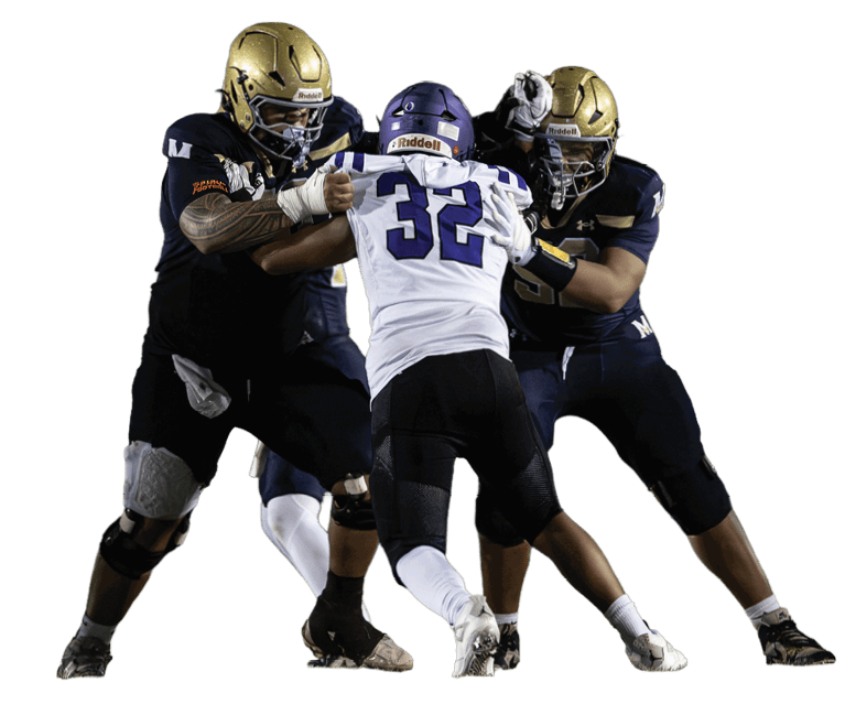 Three people in football uniforms are engaged in a physical play with two wearing dark uniforms and gold helmets blocking a person in a white and purple uniform. Description generated by AI