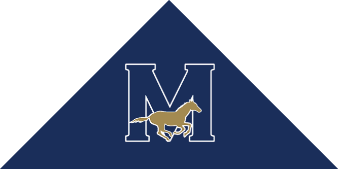A large navy blue letter M with a gold horse running across its lower half. Description generated by AI