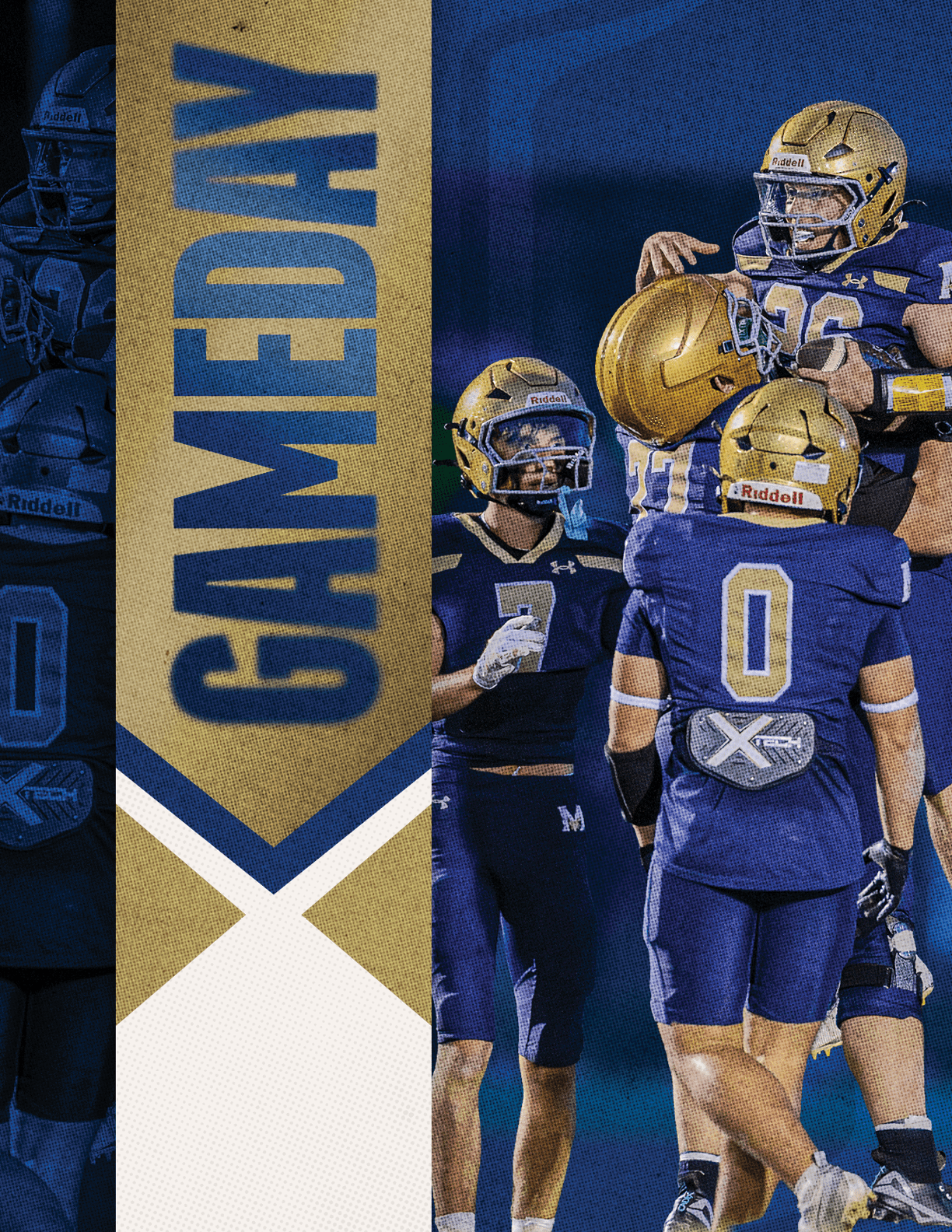 A group of football players in blue and gold uniforms are celebrating on the field with one player being lifted by teammates and a vertical banner reading “GAMEDAY" in bold letters. Description generated by AI