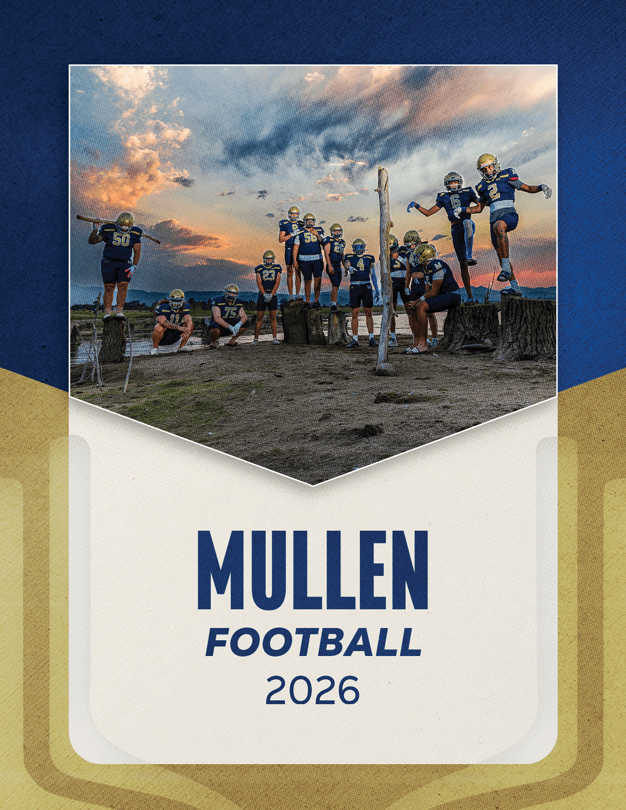 A large group of people wearing football uniforms is seated in stadium bleachers with a sign above them reading Mullen State Champions and the text below stating Mullen Football 2026. Description generated by AI