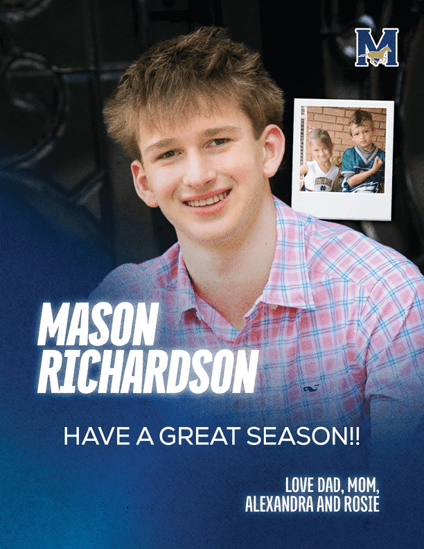 A smiling person wearing a pink and blue plaid shirt is featured with text wishing Mason Richardson a great season from family members, alongside a small photo of two children and a school logo. Description generated by AI