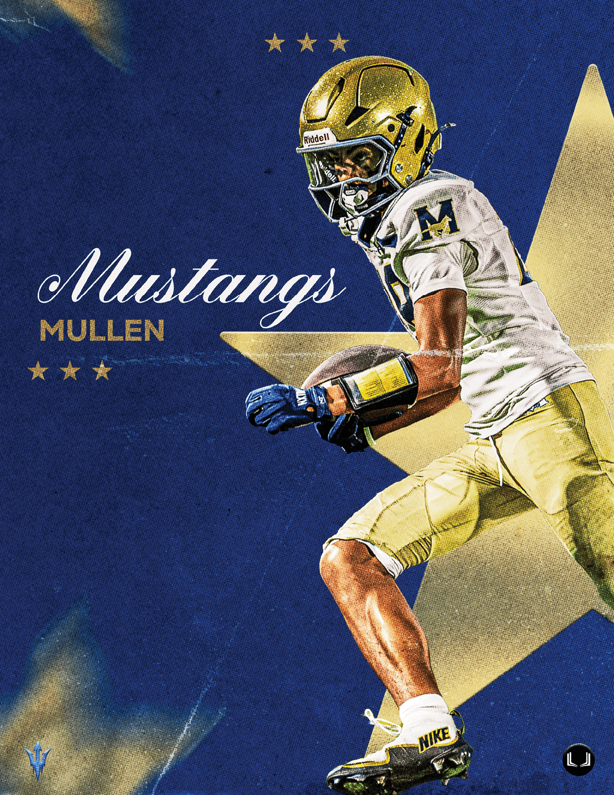 A person in a football uniform with a gold helmet and yellow pants is running with a football against a blue background with a large gold star and the words Mustangs Mullen. Description generated by AI