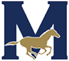 A large navy blue letter M with a gold silhouette of a running horse overlaying the bottom half. Description generated by AI