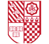 A red and white emblem featuring diagonal stripes, stylized mountain shapes, a cross, the letters IHS, and three shield-like symbols with crosses. Description generated by AI