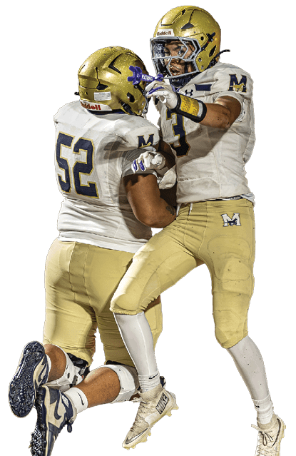 A person wearing a white sports jersey with the number 52 and gold pants is running or jumping. Description generated by AI