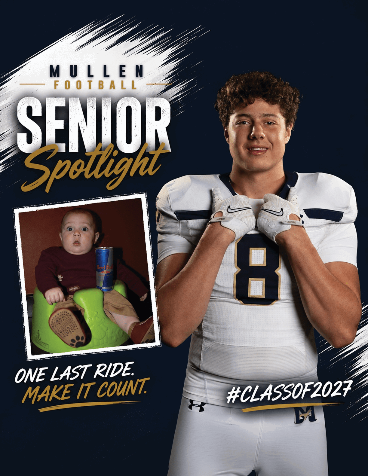A person in a football uniform stands confidently next to a photo of a surprised child sitting in a green seat with a drink, with text highlighting a senior football spotlight and the class of 2027. Description generated by AI