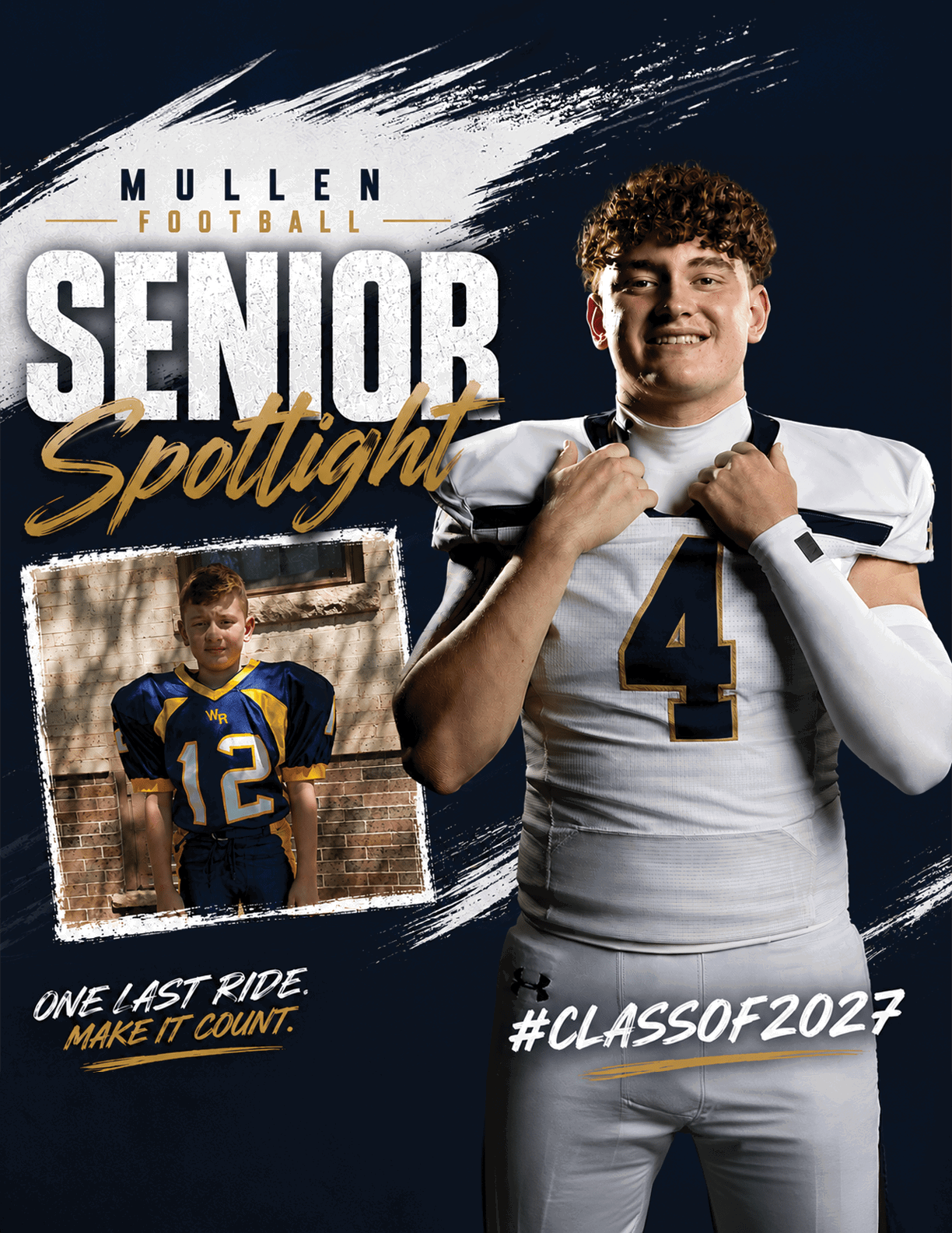 A person in a white football uniform with the number 4 stands confidently next to a smaller photo of a person in a blue and yellow football uniform with the number 12, with text highlighting a senior football spotlight for the class of 2027. Description generated by AI