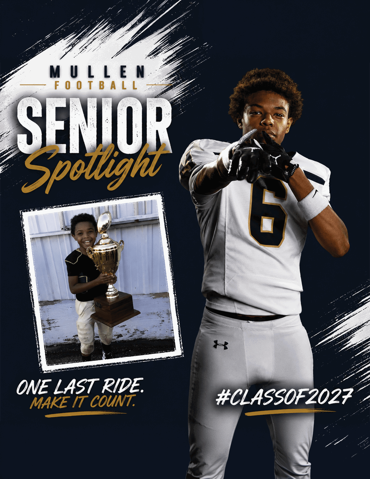 A person in a football uniform points forward with one hand while a smaller photo shows a child holding a large trophy, with text highlighting a senior football spotlight and the class of 2027. Description generated by AI