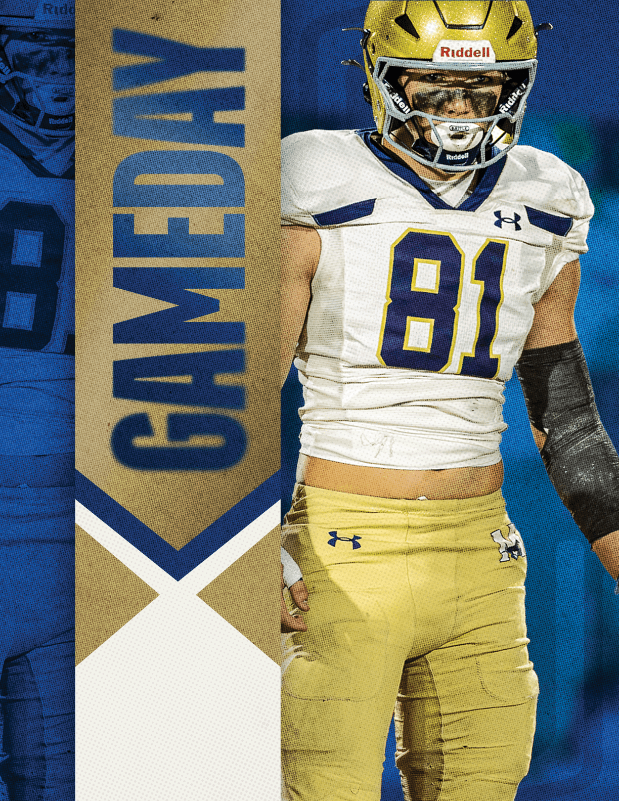 A person wearing a gold football helmet and white and gold uniform with the number 81 stands next to a vertical banner that reads “GAMEDAY" in bold blue letters. Description generated by AI