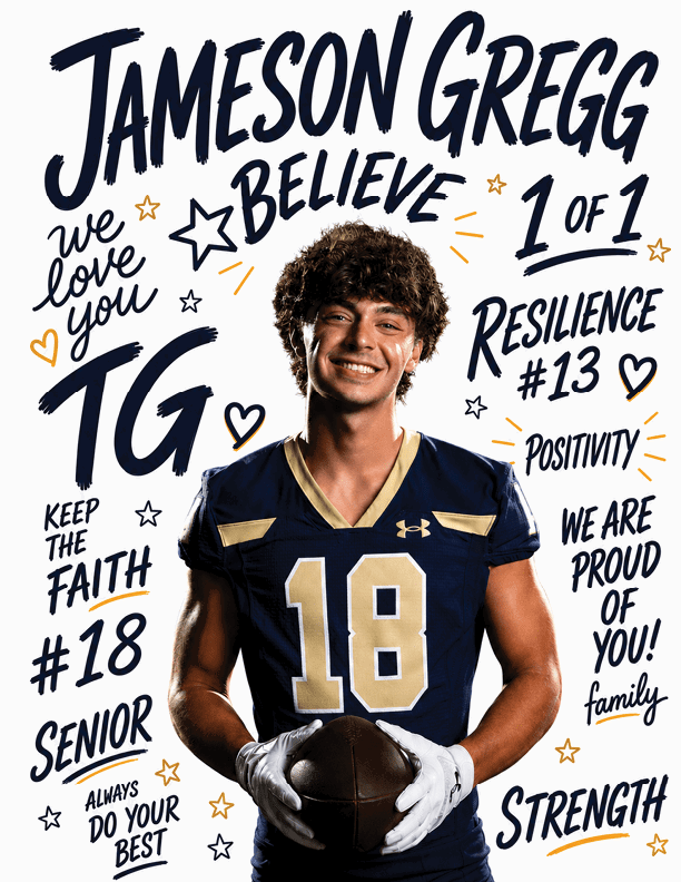 A smiling person with curly hair wearing a dark sports jersey with the number 18 and white gloves is holding a football surrounded by handwritten motivational words and phrases like believe, resilience, strength, and we are proud of you. Description generated by AI