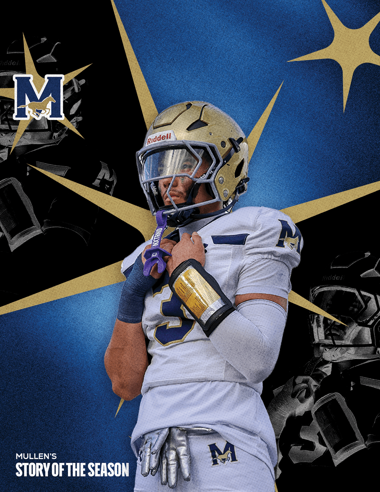 A person in a white football uniform with a gold helmet and purple gloves is adjusting their chin strap against a blue and black background with gold starburst designs and the letter M. Description generated by AI