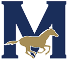 A large navy blue letter M with a gold silhouette of a running horse overlaying the bottom half. Description generated by AI