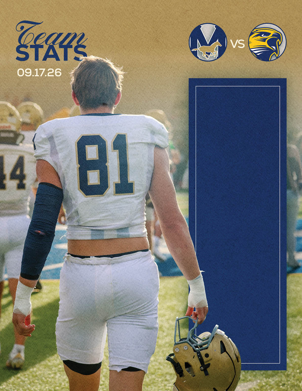 A person wearing a white football uniform with the number 81 on the back is walking on a field holding a gold helmet, with a graphic showing team logos and the text “Team Stats" and a date. Description generated by AI