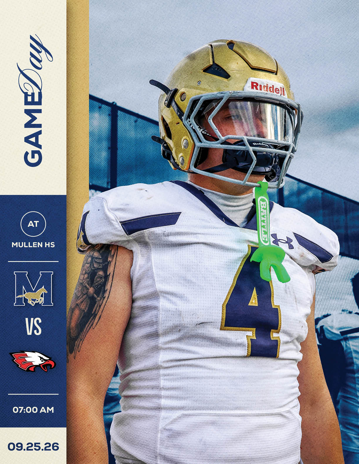 A person wearing a gold football helmet and white jersey with the number four stands next to a graphic showing a football game between Mullen High School and an opposing team scheduled for 7:00 AM on September 25, 2026. Description generated by AI