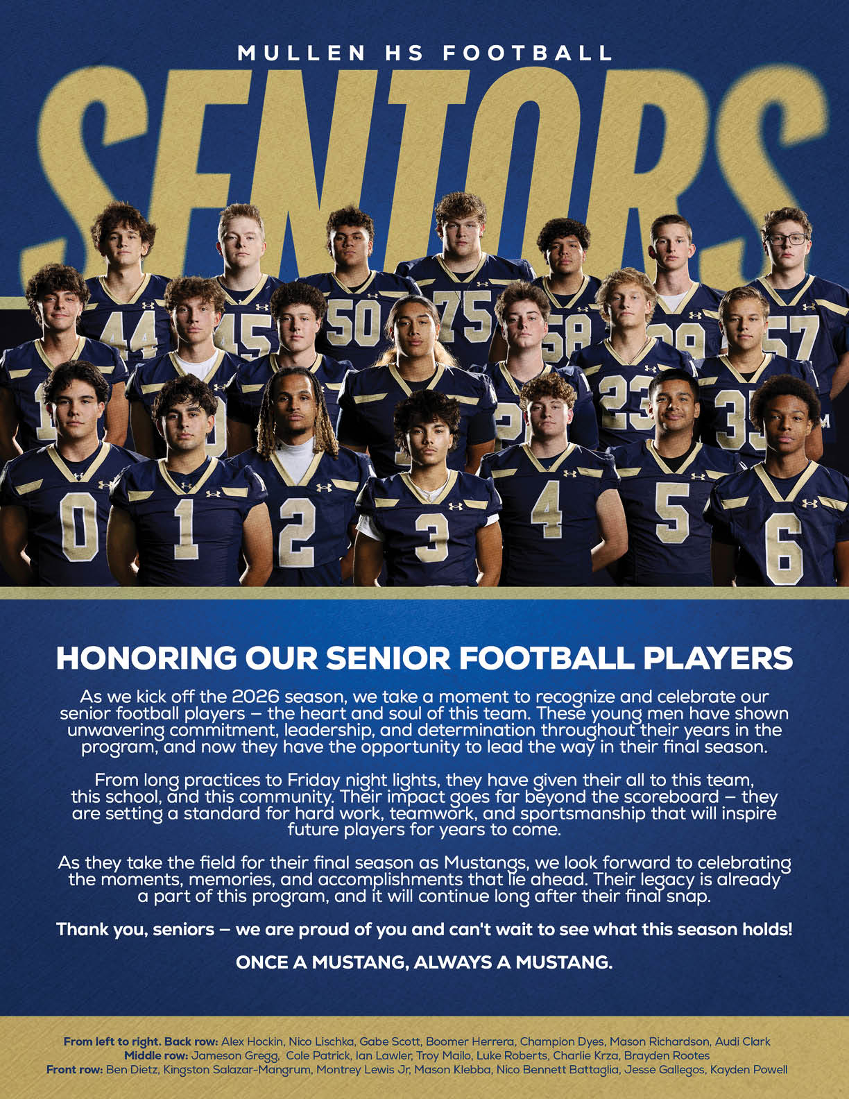 A group of high school football players in navy and gold uniforms pose together in front of a blue and gold background with text honoring their senior season and achievements. Description generated by AI