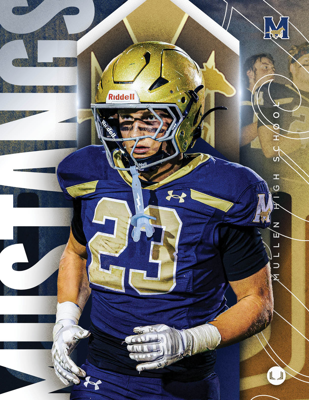 A person in a white football uniform with a gold helmet and purple gloves is adjusting their chin strap against a blue and black background with gold starburst designs and the letter M. Description generated by AI