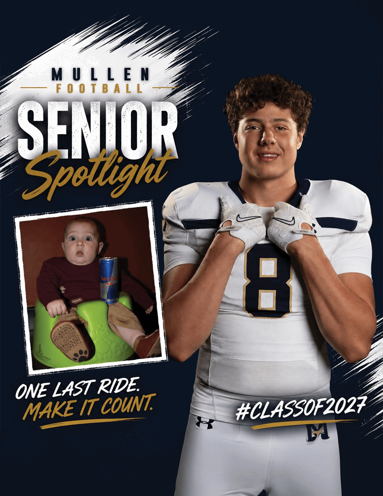 A person in a football uniform stands confidently next to a photo of a surprised child sitting in a green seat with a drink, with text highlighting a senior football spotlight and the class of 2027. Description generated by AI
