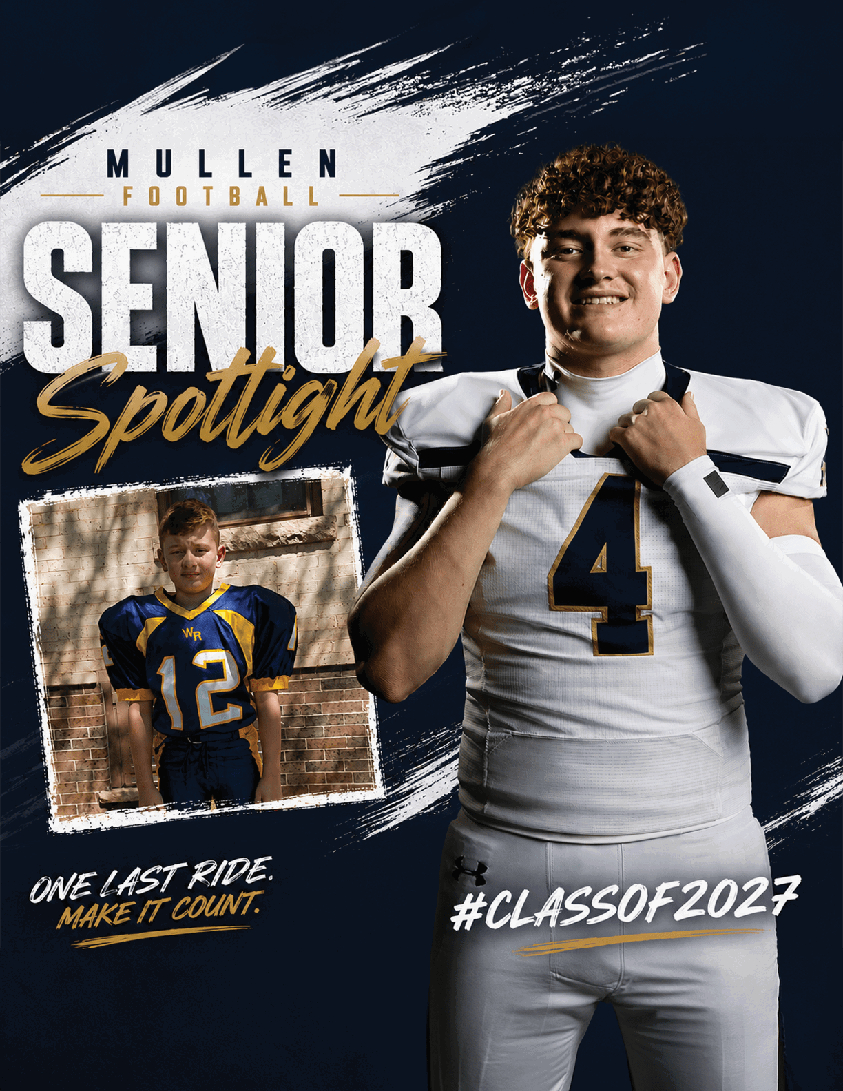 A person in a white football uniform with the number 4 stands confidently next to a smaller photo of a person in a blue and yellow football uniform with the number 12, with text highlighting a senior football spotlight for the class of 2027. Description generated by AI