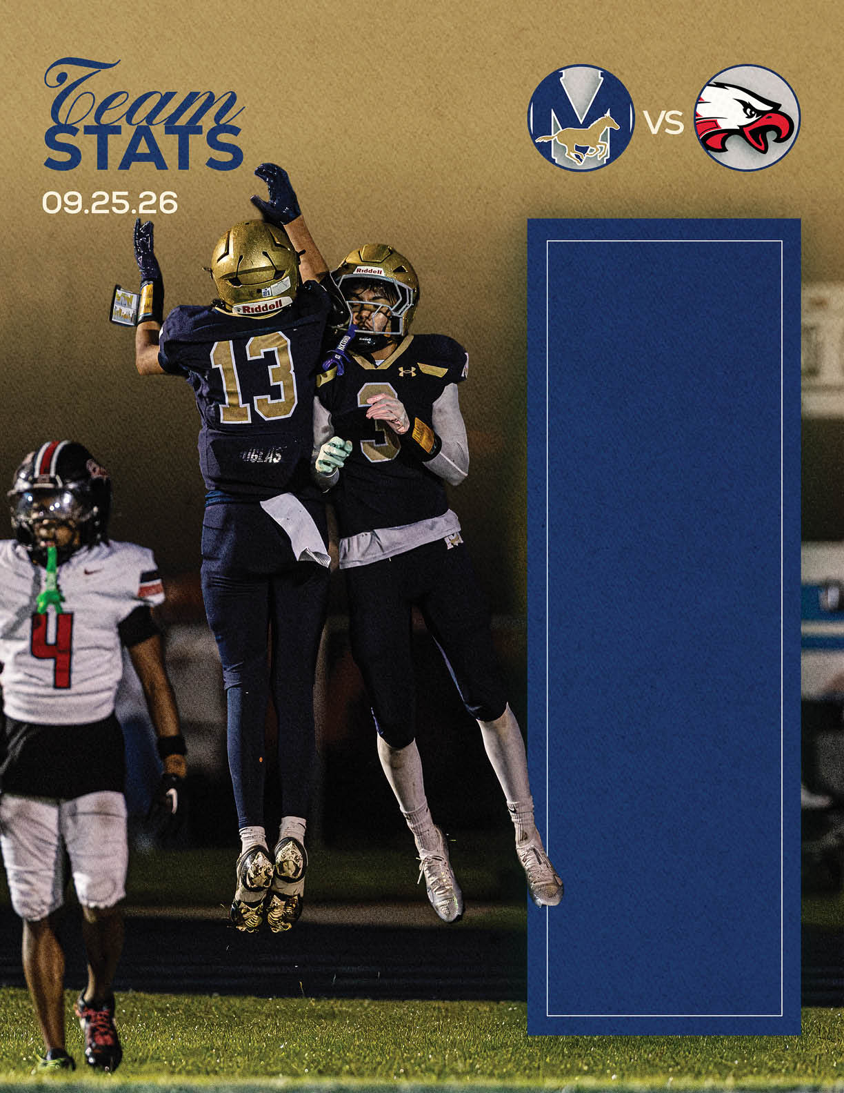 A person wearing a white football uniform with the number 81 on the back is walking on a field holding a gold helmet, with a graphic showing team logos and the text “Team Stats" and a date. Description generated by AI