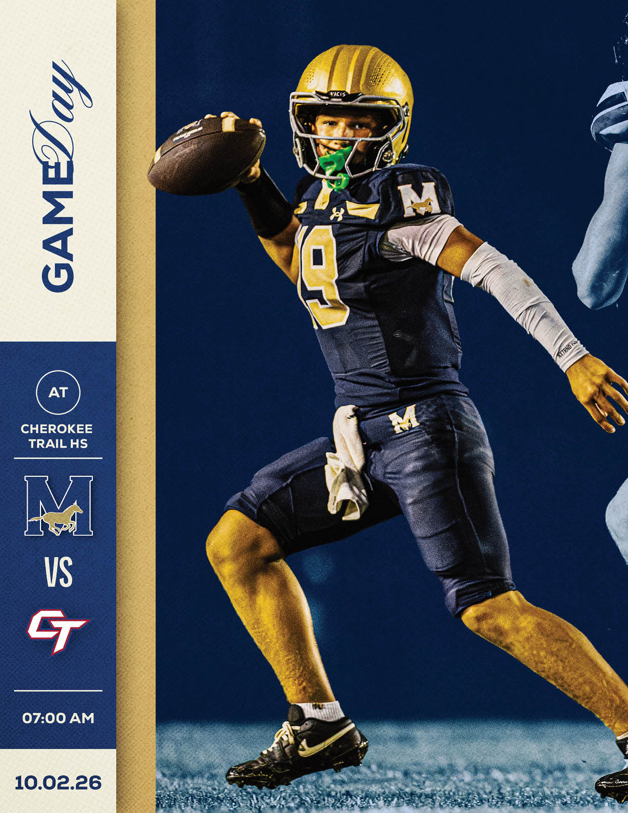 A person wearing a gold football helmet and white jersey with the number four stands next to a graphic showing a football game between Mullen High School and an opposing team scheduled for 7:00 AM on September 25, 2026. Description generated by AI