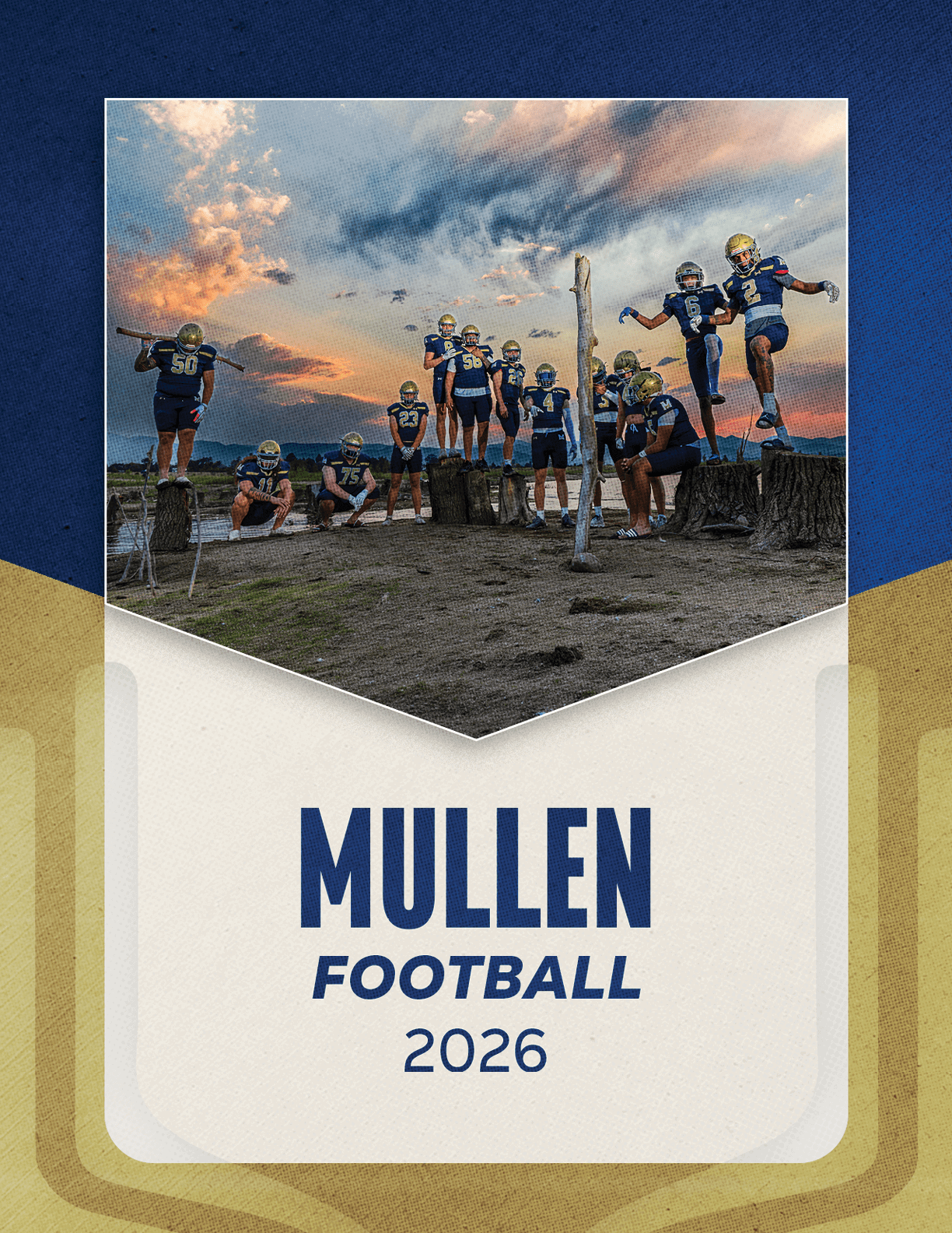 A large group of people wearing football uniforms is seated in stadium bleachers with a sign above them reading Mullen State Champions and the text below stating Mullen Football 2026. Description generated by AI